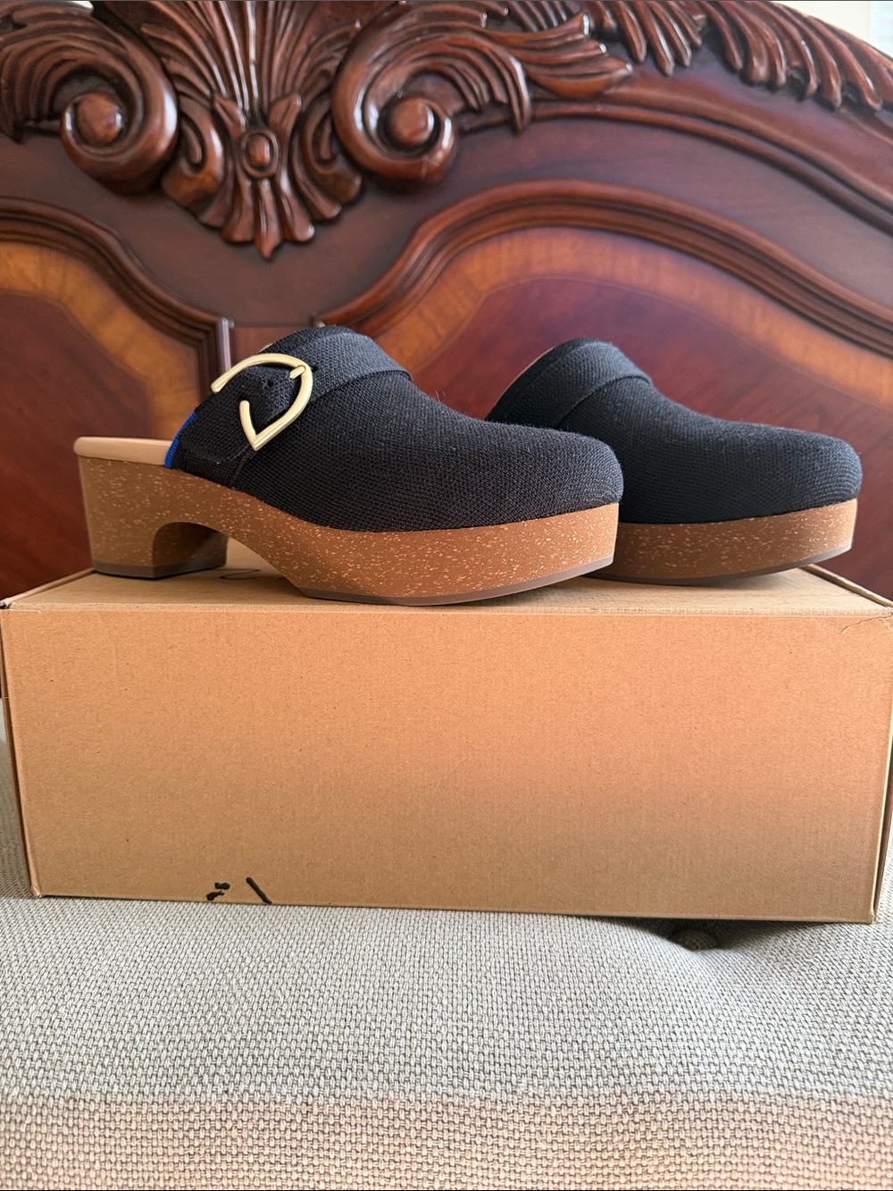Rothy's Black Platform Clog with Gold Heart Buckle